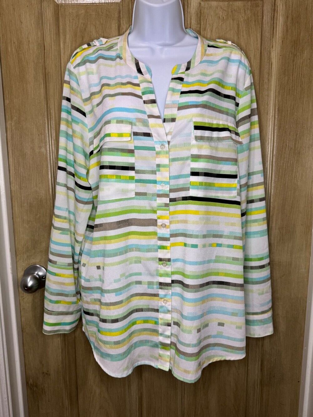 CALVIN KLEIN WOMENS BUTTON-UP BLOUSE ABSTRACT STRIPED LIME GREEN MULTCLR SIZE 2X